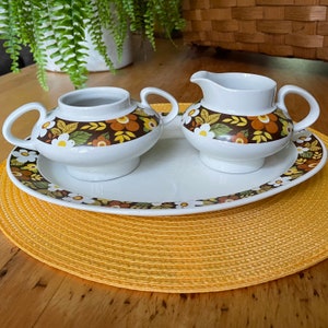Vintage Ridgway Ironstone Cream and Sugar with Under Plate or Platter, 1970&#39;s Made in England, Samoa Pattern