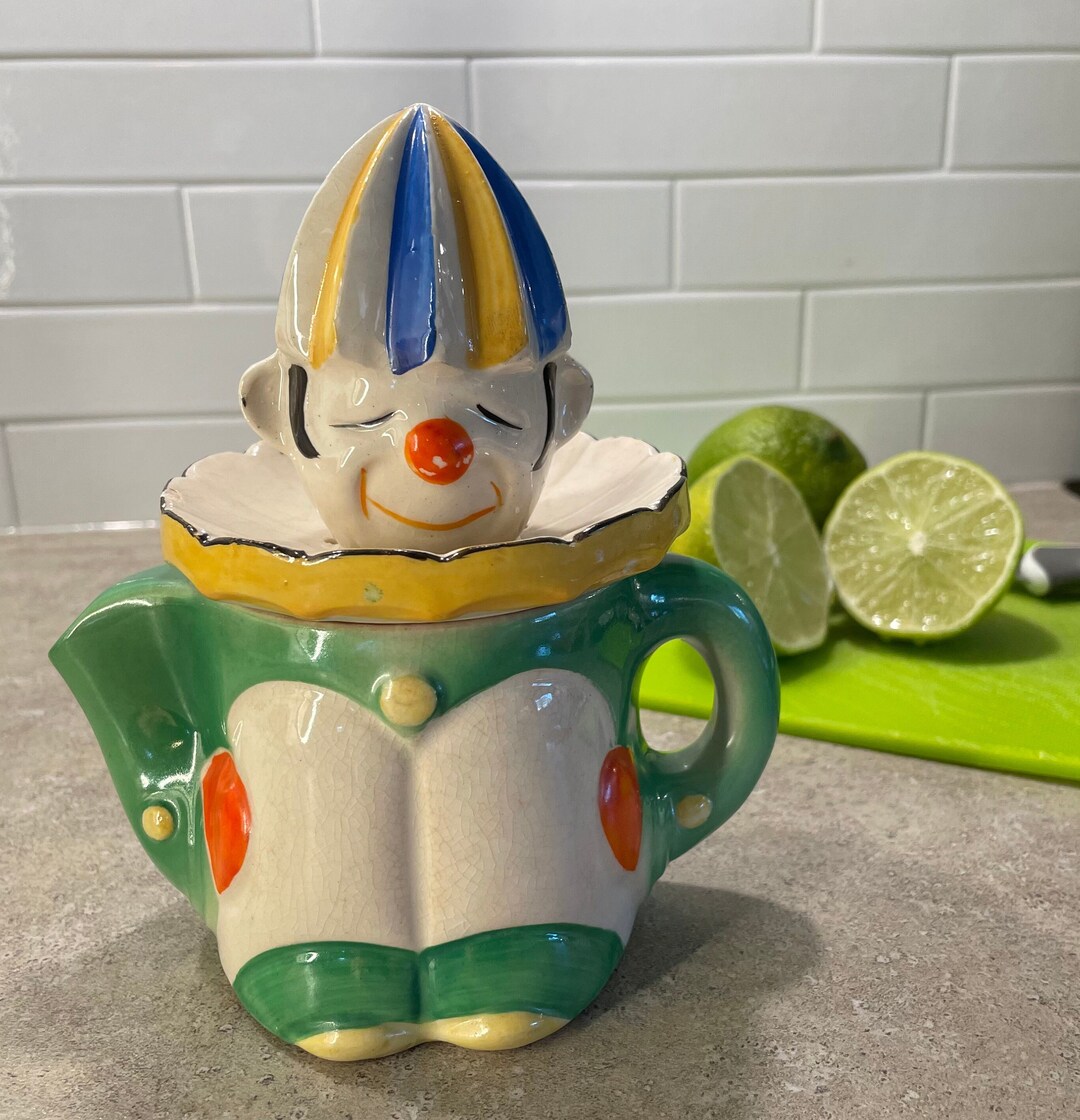 Vintage Clown Juicer and Pitcher, 1940's Made in Japan, Lime Green, Orange, Yellow and Blue