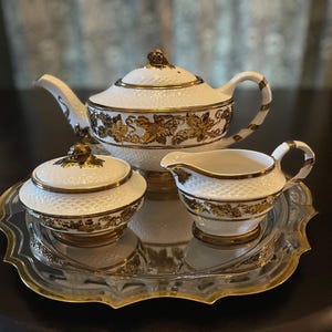 Vintage Wade Teapot Set, 24k Gold Grapevine, Fine Bone China