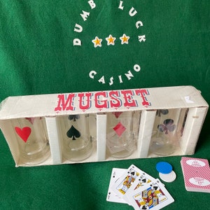 Juego de tazas de cerveza de vidrio vintage, sin abrir en embalaje original, 4 - 14 oz, trajes de naipes, Bartlett-Collins USA, Corazón, Club, Diamante, Pala