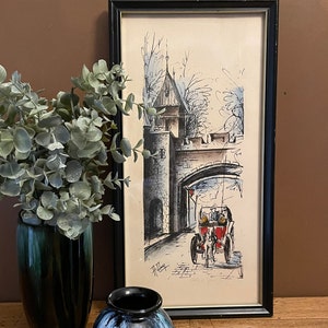 Vintage Quebec City Pen and Watercolour of Porte St Jean, Professionally Framed and signed, Mid-Century Modern, Urban Landscape