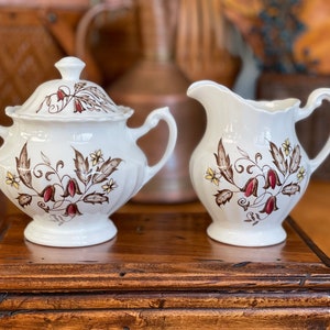 Vintage Cream and Covered Sugar set in the Hampton Court pattern, J&G Meakin, Hand Engraving of leaves and floral design