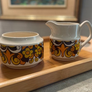 Vintage Sadler Cream and Sugar,  Ivory colour with Funky Retro Pattern in Brown, Orange, Yellow Graphic, 1970&#39;s Made in England, MCM