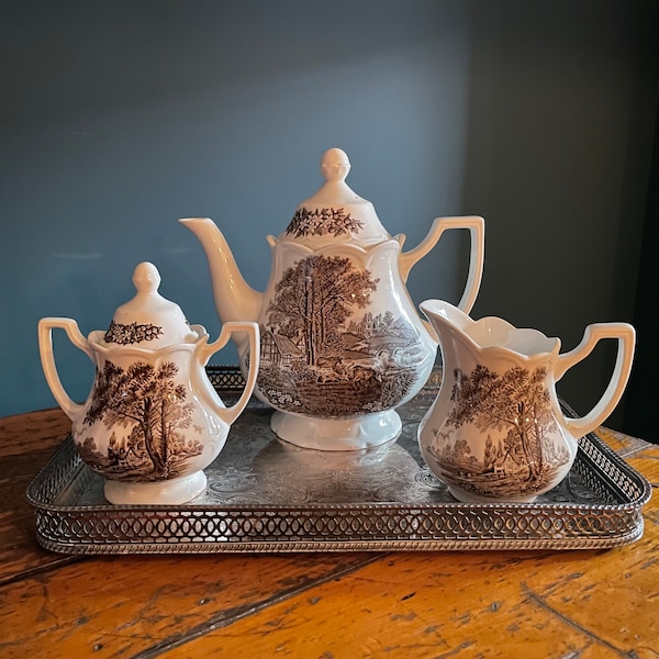 Vintage Ironstone Tee Set von J & G Meakin, Romantisches England Muster, Braune Transferware, Teekanne, Zucker und Milchkännchen, Royal Staffordshire