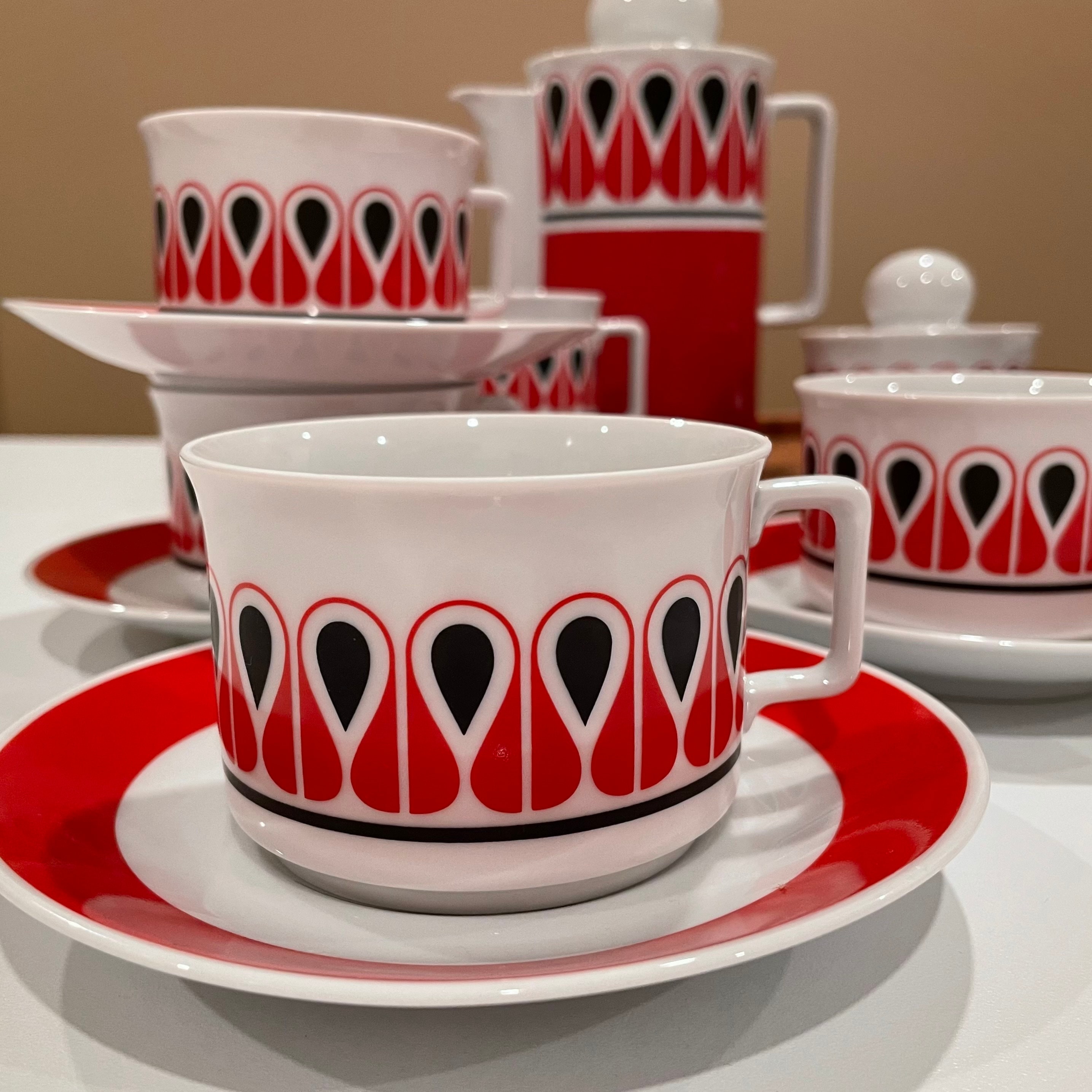 Vintage Schirnding Bavaria Luncheon Set, Danish Modern, Red Black