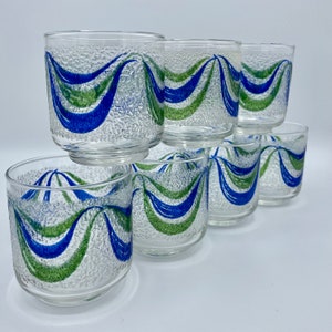 Vintage &quot;Deep Sea&quot; Libbey Lowball, Rocks, or Juice Glasses, Set of 7, Blue and Green Waves on a Textured Pebble Glass, Excellent Condition