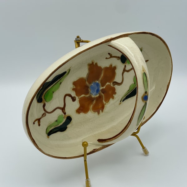 Vintage Oval dish with basket-style handle, Hand Painted, Made in Japan, Mother's Day Gift, Gift for Mom