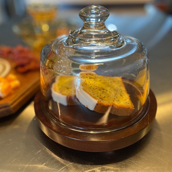 Vintage Glass Dome on Wood Serving Tray, Dessert or Cheese Keeper, Glass Cloche, Made in Brazil, 1980's