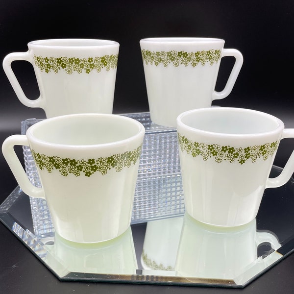 Vintage Set of 4 Pyrex Mugs in the Green Spring blossom pattern, Made of Milk Glass with a D Handle, 1970's