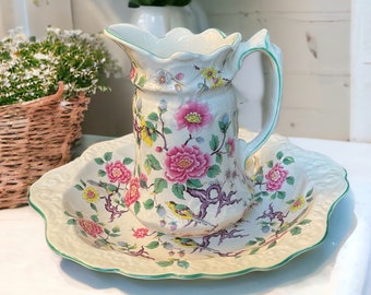 Vintage Old Foley Set of Bowl and Pitcher, in the Chinese Rose Pattern by James Kent Ltd., Staffordshire England, Excellent Condition