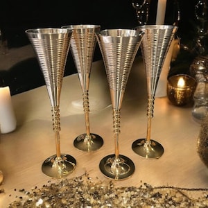 Vintage Set of 4 Silver Plate and Brass Champagne Flutes, Wedding Gift, New Years Eve Toast, Coupe Glasses, Special Occasion, 1980s