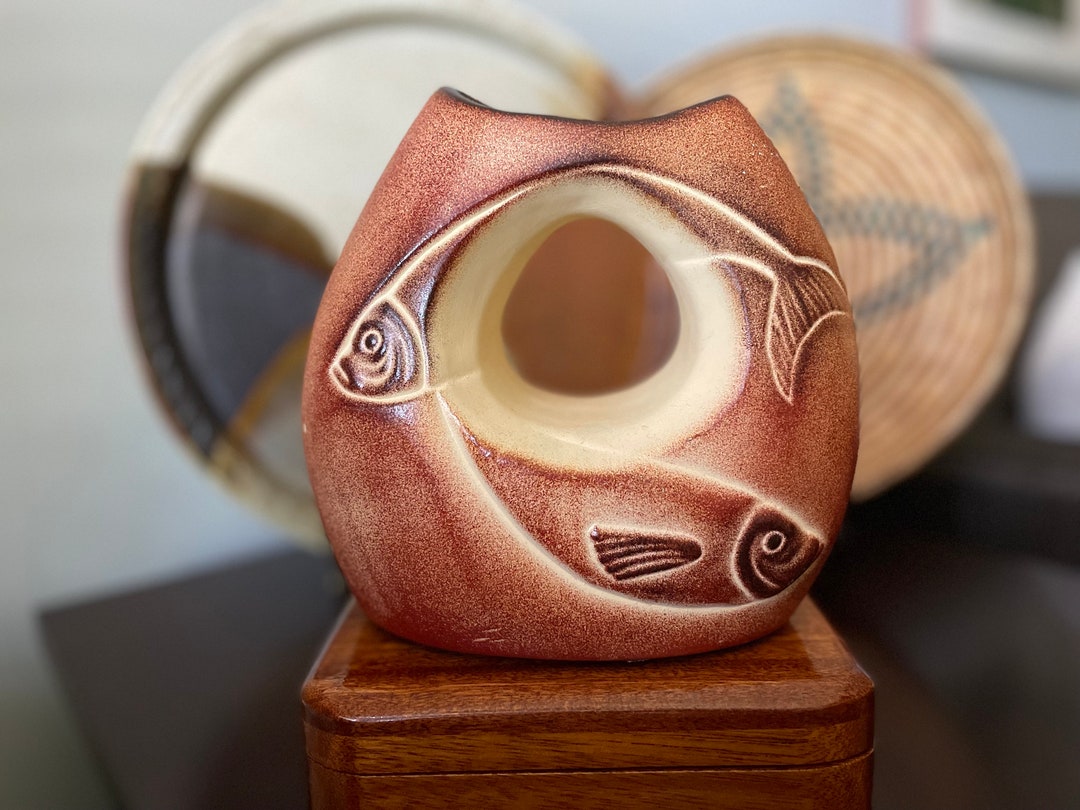 Vintage Wedding Vase, Studio Pottery, Made in Mexico, Fish Design With