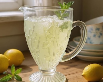 Puede incluir: Una jarra de vidrio transparente llena de limonada y hielo, adornada con menta. La jarra tiene un patrón floral decorativo y un asa. Dos limones y hojas de menta están sobre la superficie de madera.