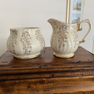 Vintage Cream and Open Sugar Set,  Ivory colour with Gold Floral Design, Made in England, might be Gibsons, easily coordinate with teapots