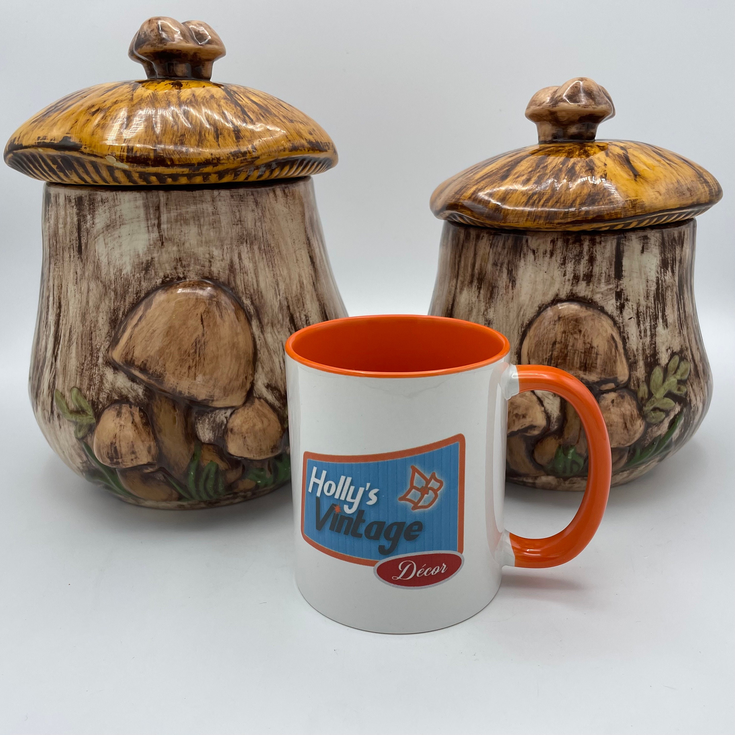 Pair of Vintage Mushroom Cookie Jars, Kitchen Canisters, Dark