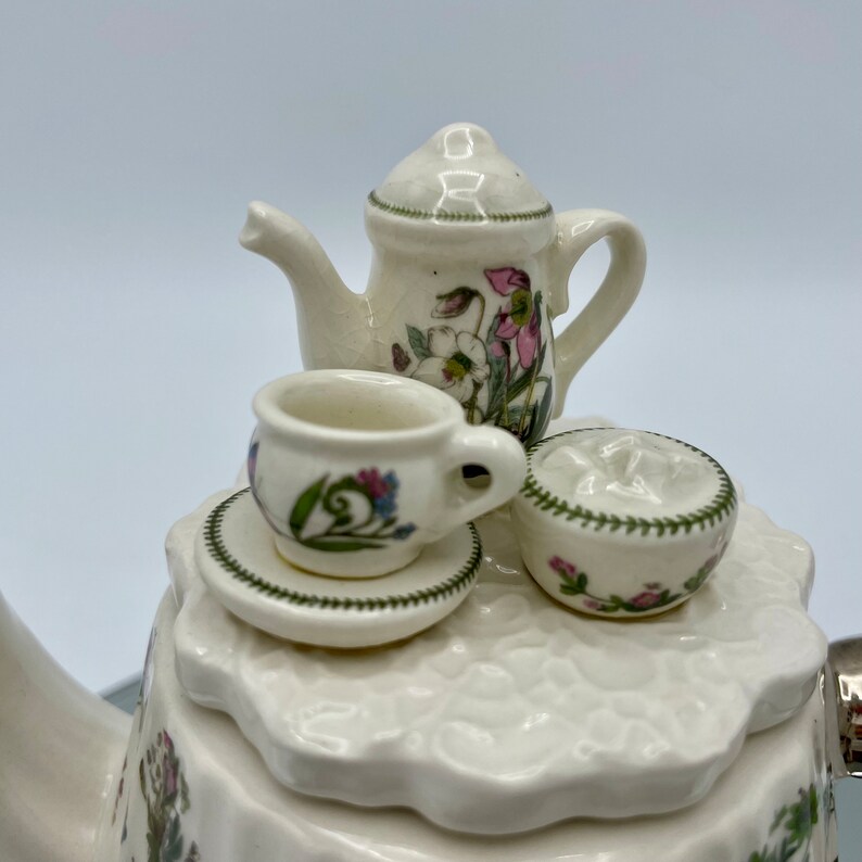 Vintage Mini Teapot With Tiny Tea Set on Lid, Portmeirion Series of