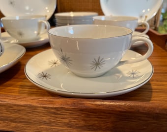 Vintage MCM Crown Star Cup and Saucer Set, Atomic Silver Starburst, Japan