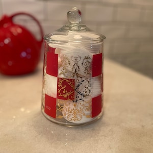Vintage Glass Apothecary Jar, Red Squares and gold scroll, 1950s, Mid Century Modern, Countertop Decor, Excellent Condition