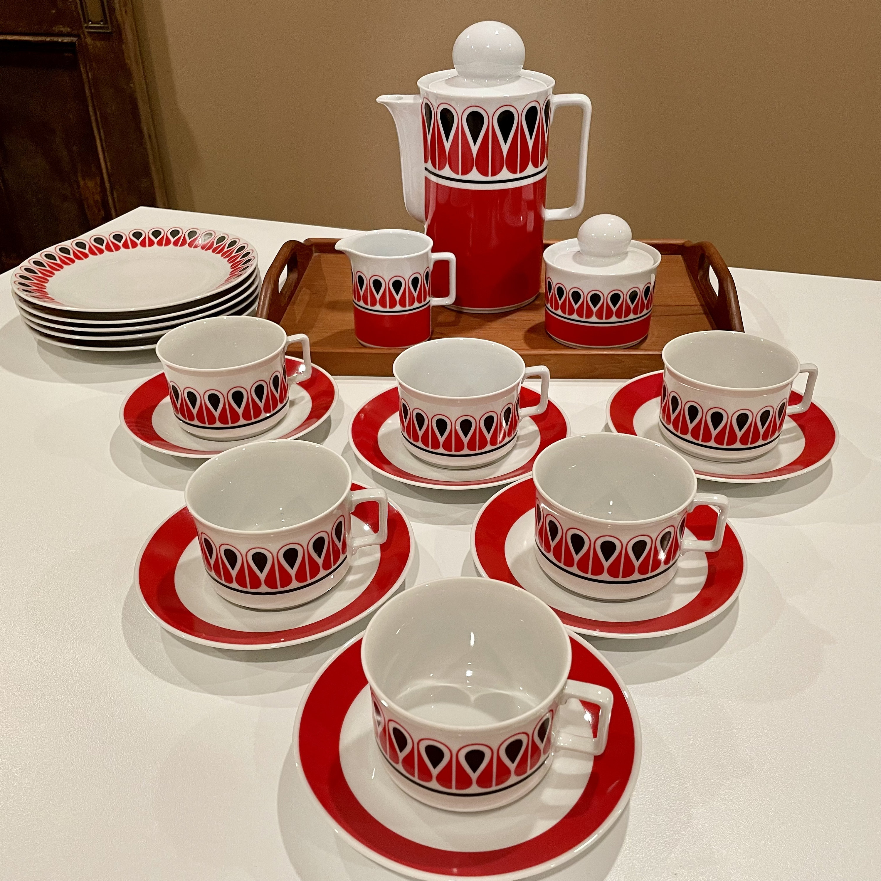 Vintage Schirnding Bavaria Luncheon Set, Danish Modern, Red Black