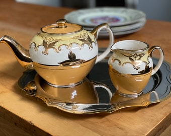 Vintage Sadler Gold Teapot and matching creamer, beautiful gold detailing, Mustard Yellow Lemon Yellow and white, Excellent condition