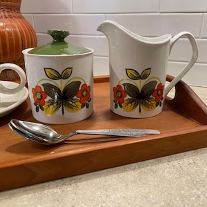 Vintage Johnson Bros Cream and Sugar,  White with Leafy Pattern in Green and Yellow with Orange blooms, 1970&#39;s Made in England, MCM