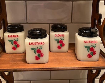 4 Vintage Milk Glass Shakers, Red and Green Cherry design, Tipp City 1930s, Black Metal Lid no rust, Pristine condition, Kitchen Kitsch