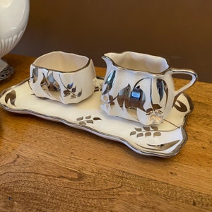 Silver leaf Cream and Sugar with Under plate, 1940&#39;s Sandland Ware Lancaster & Sandland Ltd, Hanley, Vintage, Staffordshire England