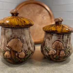 Paar Vintage Pilz-Keksdosen, Küchenkanister, dunkle Glasuroberfläche, fröhliches Pilzdesign, Arnel&#39;s, einzigartige Farbkombinationen