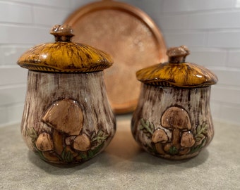 Pair of Vintage Mushroom Cookie Jars, Kitchen Canisters, Dark Glaze finish, Merry Mushroom design, Arnel&#39;s, Unique Colour Combinations