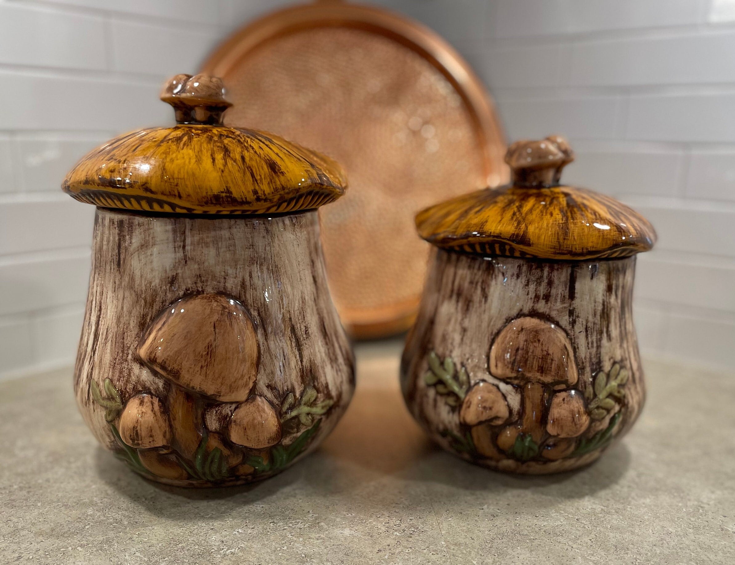 Pair of Vintage Mushroom Cookie Jars, Kitchen Canisters, Dark