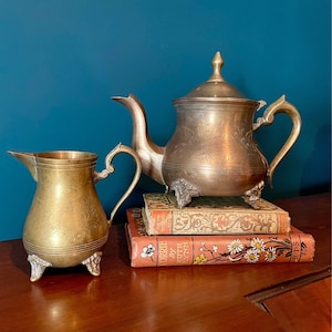 Vintage Solid Brass Teapot with Matching Creamer, Footed, Hand Engraved with Florals, Excellent Condition, 1960s