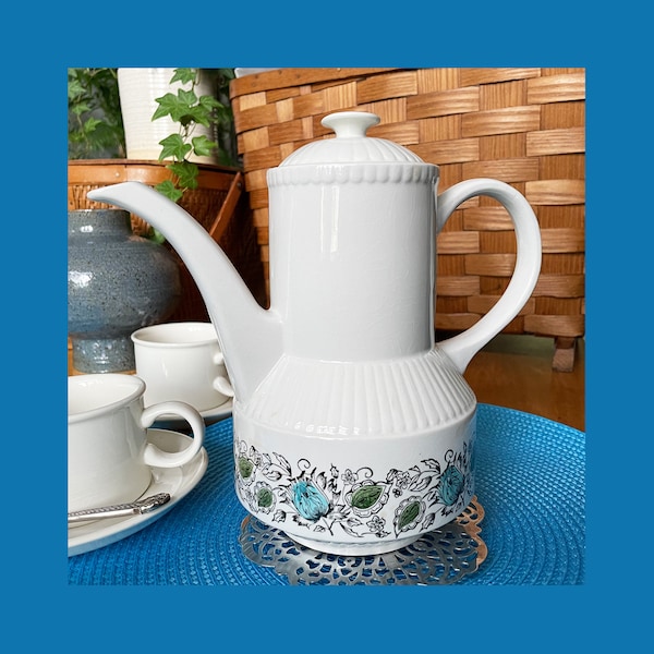 Vintage Teapot or Coffeepot, Kathie Winkle San Tropez Pattern, Riviera Shape, MCM, Mid-Century Modern, Ironstone Broadhurst, Made in England