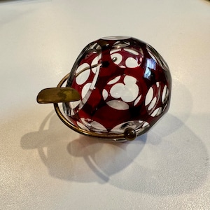 Vintage MCM Crystal & Brass Ashtray, Atomic Sphere Designed by Marita Voigt, Germany, Ruby Red Cut to Clear, Art Glass Hand Cut, 1950s