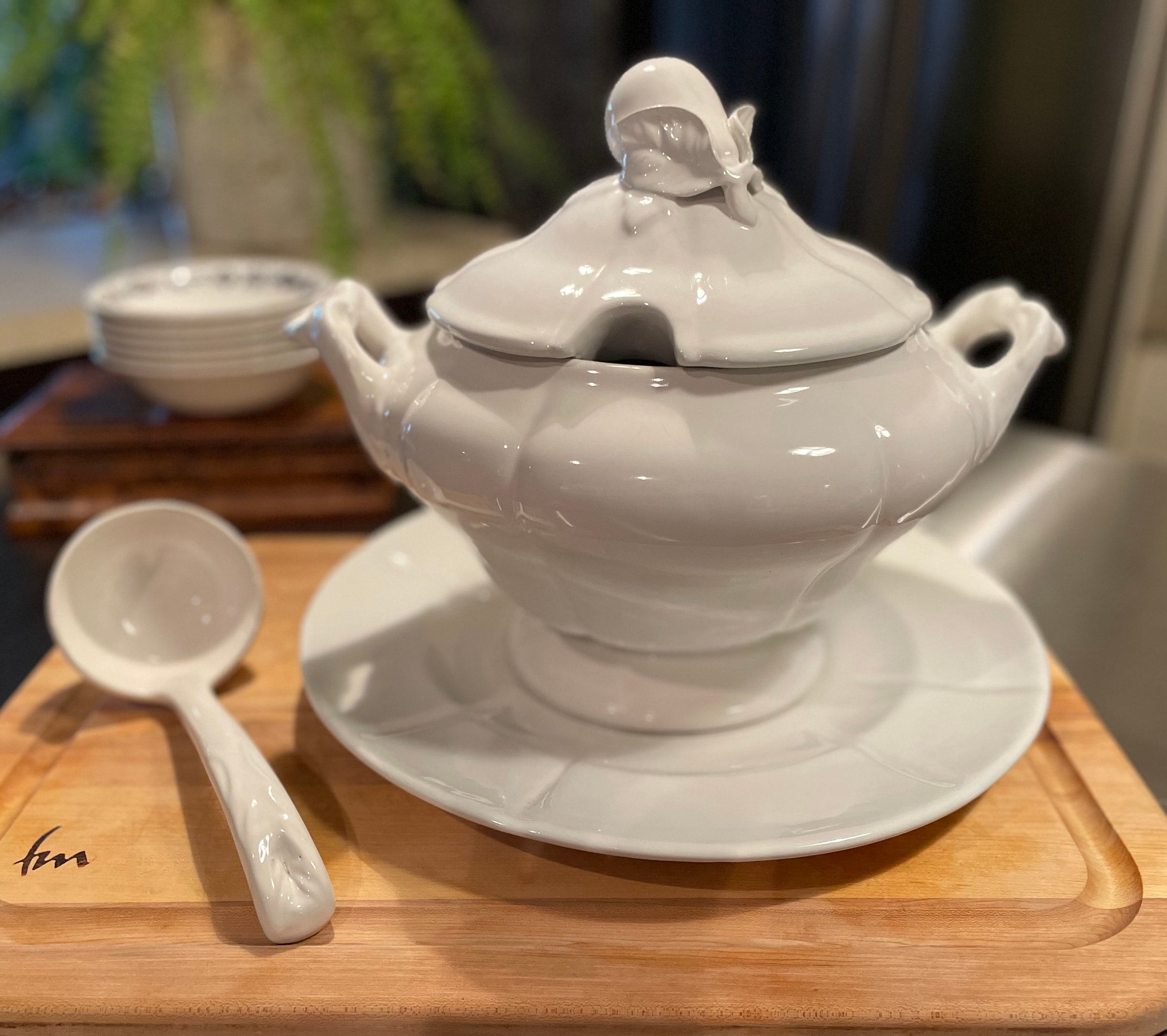 Vintage White Majolica Soup Tureen With Matching Ladle and