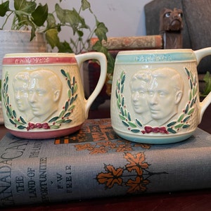 Vintage pair of Royal Commemorative Mugs, King George VI and Queen Elizabeth, May 1939, Excellent Condition, One Pink and One Blue, England