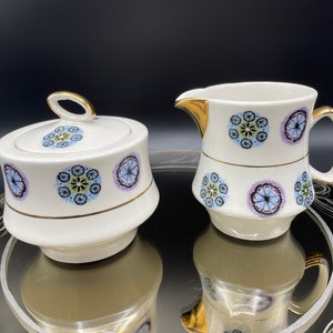Vintage Cream and Covered Sugar Set, Gibsons,  White with Gold and purple blue Floral Design, Made in England