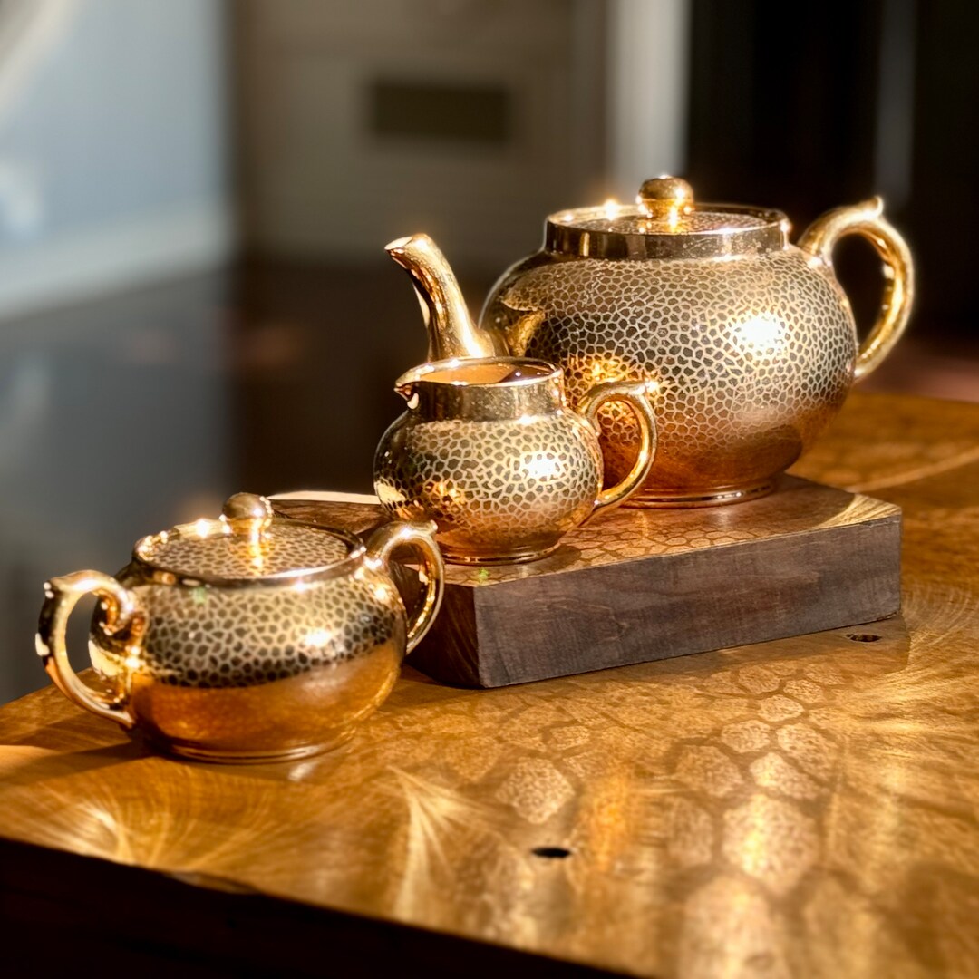 Vintage Glitzy Crackle Gold Tea Set , Gibson's Three Piece Set ...
