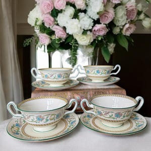 Antique Wedgwood Soup Bowls with Saucers, set of Four pairs of Shah Pattern, Double Handled, W734, Hand Painted, England, Like New, 1925