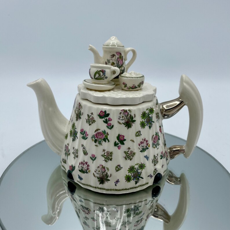Vintage Mini Teapot With Tiny Tea Set on Lid, Portmeirion Series of