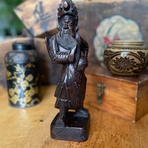Vintage Chinese Warrior Figure, Intricately Hand Carved Wooden Sculpture, Figural Folk Art Piece, 12 inches tall, 1980&#39;s
