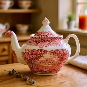 Puede incluir: Una tetera de cerámica blanca y roja con tapa, asa y boquilla. La tetera presenta un diseño escénico con árboles, edificios y figuras. La tetera está sobre una superficie de madera.