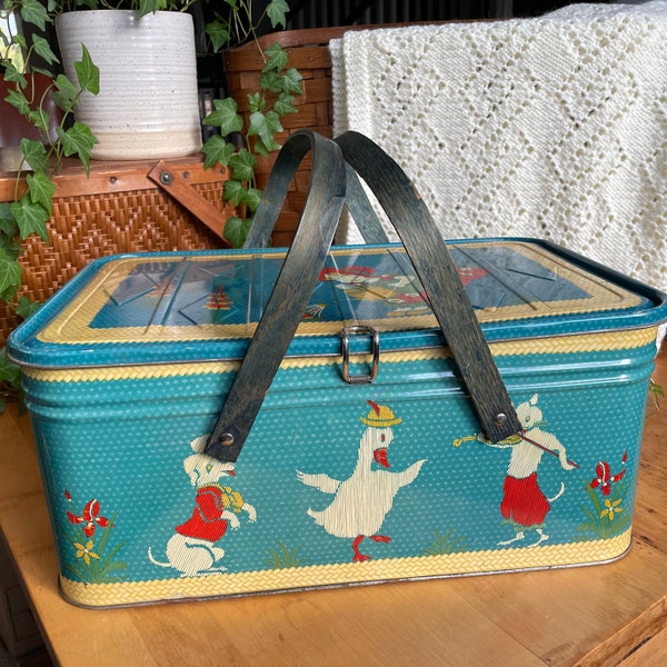 Vintage Tin Picnic Basket, Mother Goose Lithograph, Hinged Lid, Blue Wooden Handles, Metal Closure, Children's room Decor, Made in USA, 1940