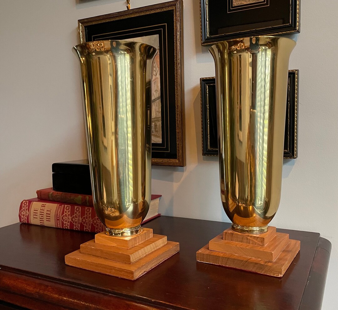 Vintage Pair of Solid Brass Church Altar Vases, Teakcoloured Wooden