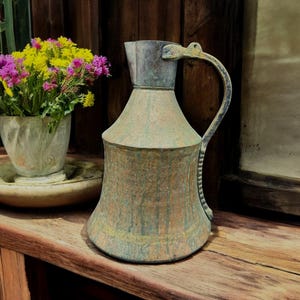 Vintage Heavy Copper Jug: Primitive Farmhouse Pitcher, 13&quot; Tall