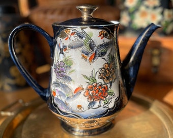 Vintage Chinese Satsuma-Style large Teapot or Coffeepot, Navy with intricate gold gilding, Hand Painted, No Chips, 1970's