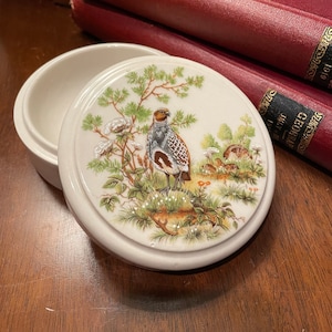 Può includere: Una scatola portaoggetti in ceramica bianca con un coperchio che presenta un'immagine dipinta di una quaglia in un ambiente boschivo. La quaglia è marrone e grigia con il petto bianco ed è circondata da fogliame verde e rami marroni.