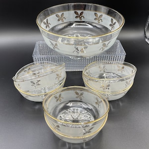 Vintage Glass Serving Bowl Set, from Delcabor Italy, Large Bowl with Six Small bowls, Gold Wheat on Frosted Glass, MCM Style, Cerve, 1950's