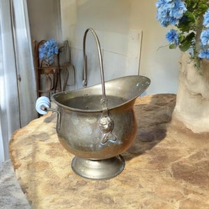 Vintage Heavy Solid Brass Coal Scuttle with a Blue and White Handle, Brass Lion Heads, French Country Style, Farmhouse, 9.5&quot;W x 12&quot;H