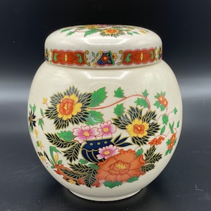 Sadler Ginger Jar, Colourful, Hand painted, White with floral details in orange, green, yellow and red, Tea caddy, Chinoiserie Style