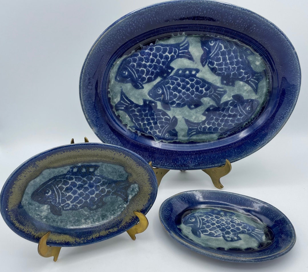 Vintage 3 Piece Set of Blue Fish Plates by Scott Barnim Etsy